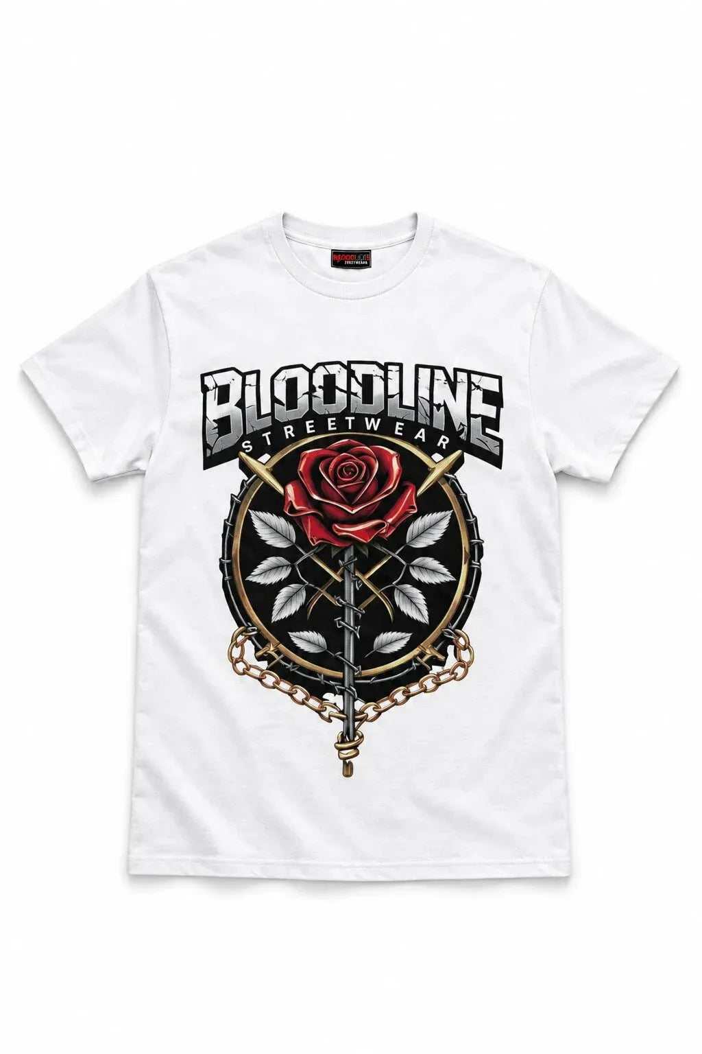 White t-shirt with 'Bloodline Streetwear' logo and rose design on a white background